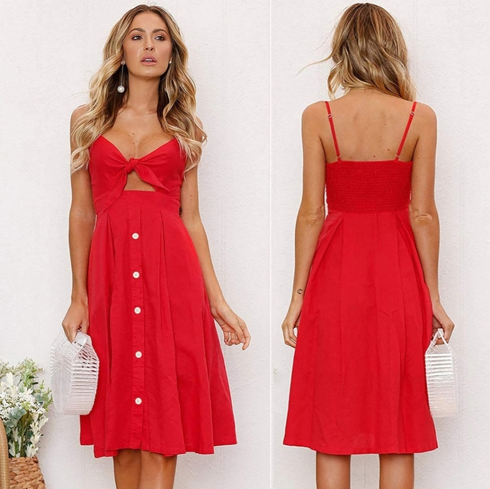 Red Midi Tie-Front Sundress with Button Detail